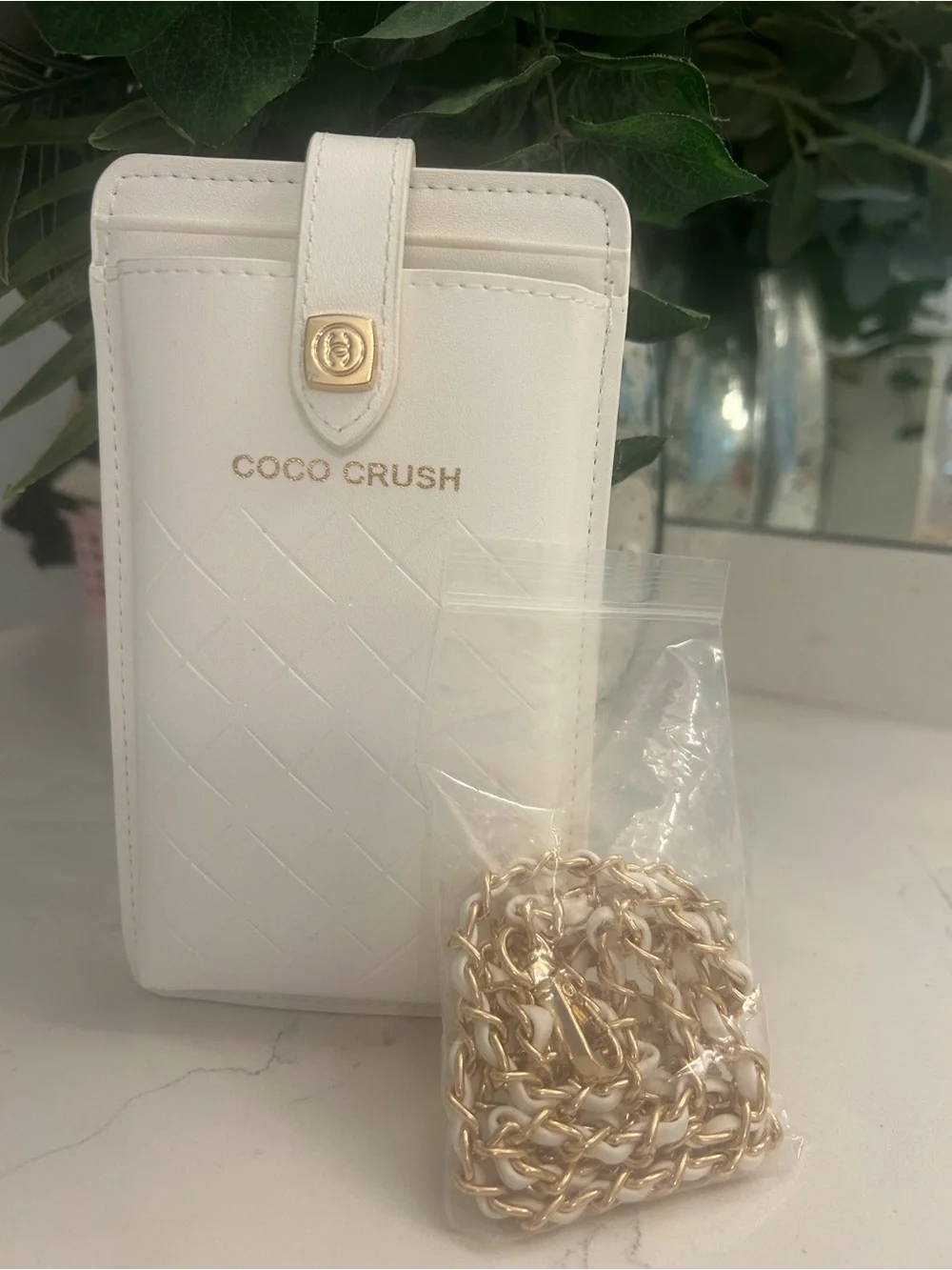 COCO Crush Quilted White Crossbody Phone Case with Gold Chain